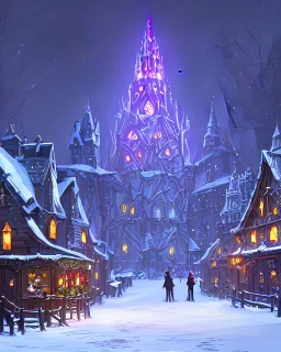 A magical snowy gothic warlock Christmas market with a large Christmas tree and a castle