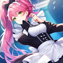 girl, masterpiece, best quality, volumetric lighting, dynamic pose, detailed outfit, perfect eyes, pink hair, green eyes, messy hair, long hair, maid café, ponytail