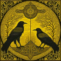 European pagan art with nature and runes and ravens