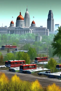The city of Madison, Wi, as it would be depicted in the Fallout series of video games. Photorealistic, color