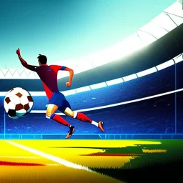 Soccer player kicking a ball into the goal with a lot of force, cartoon art