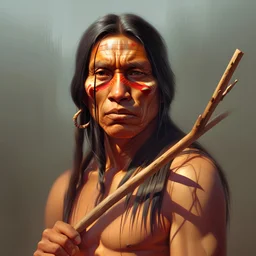 a painting of a native american man holding a stick, a photorealistic painting by Esao Andrews, behance, fantastic realism, behance hd, photorealistic, surrealist