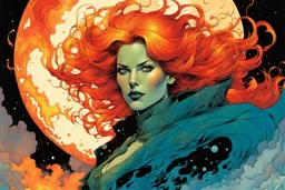 create an imaginative print illustration of an female, crudely dressed Nordic sorceress with finely detailed facial features, wreathed in a maelstrom of fire, in the comic book art style of Bill Sienkiewicz, Mike Mignola, and Jean Giraud Moebius, finely textured, drawn, colored, and inked