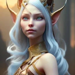 Abstract Portrait of an happy female wood elf diplomat with long, curled, white hair and blue eyes. She has rough copper skin with yakuza tatu, atmospheric, realistic, unreal engine cosmic galactic, cinematic lighting, octane render, random colors, transparent, cosmic ambiance, masterpiece, art by Yoji Shinkawa, composing fit inside, masterpiece