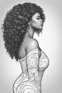 Create a coloring page of a beautiful curvy black female looking to the side with curly hair. No shading, No color, clean lines