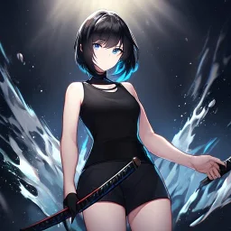 Clear focus,High resolution, black short fluffy hair, long fluffy bangs, and dark blue eyes, Depressed girl, wearing a black short shirt with a black sleeveless crop top, dark aura, controlling water, in a black room, holding a katana