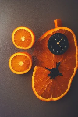 portrait, an orange with a clock embedded in its skin, AbstractTech clockpunk, Food photography, beautiful, delicious food, recipe photography, realistic, natural light, colorful, food art, object photography, vignette, ultra HD