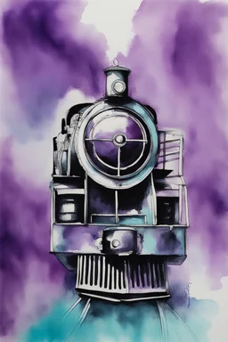 getting on the thought train; Ink wash with a gradient of turquoise, Royal blue and purple