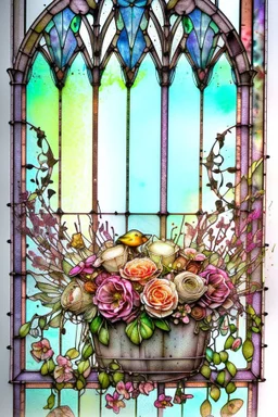 Shabby chic window with flowerpots and bouquets filled with beautiful flowers.full sunlight, stormy clouds, bird, watercolour and ink, stained glass Modifiers: elegant intricate beautiful fantastic view crisp quality colourful Jean-Baptiste Monge pastel colors full view