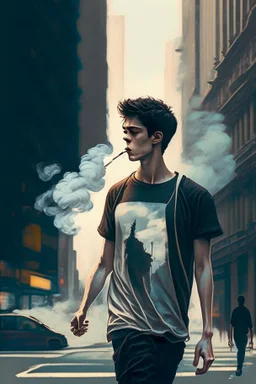 A 25-year-old boy in a men's sports tee is walking in the city, thinking with his head down, smoking a cigarette, and possessing the power of a god