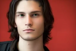 a young male with shoulder length black hair and green eyes, slight smile