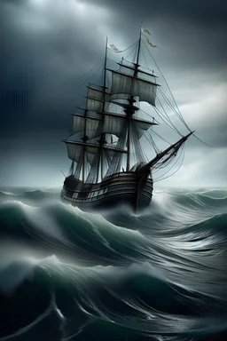 بحر هائج وسفينة قديمة بها شراع كبير وعاصفة