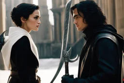 two angels face to face: a dark pale brunette with a scythe in front of a blonde man with a mace (photo from a movie by Quentin Tarantino) Dahlia faces Azrael, she is a spectre: she has the apparence of a young very white woman with dark short hair, a hoodie and a scythe, she lives in the city of Manhattan. She collects souls for Saint Peter and then joins her sister Famine to help them. She stands on the side of the street. Today she confronts Azrael, the terrible angel