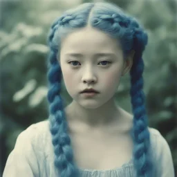 Old autochrome of devon aoki with blue cheeks, strange blue braids. in a gardent, in 1830