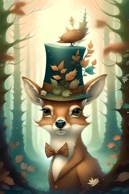 Cute fantasy whitetail fawn wearing a top hat; big pine trees all around; in the style of Bastien Lecouffe Deharme