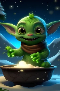 Crea una imagen de navidad donde salgan Baby Groot, Baby Yoda, Desdentado, Furia Diurna y Stitch