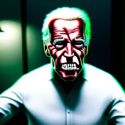 Ultra realistic image, joe biden zombie, zombie performance, skull, grey glow eyes. green blood, torn arm, night, walking twisted, waist up view, thriller style, dark ambient, highly detailed, White House background, concept art, unreal engine 5, god rays, ray tracing, RTX, lumen lighting, ultra detail, volumetric lighting, 3d, finely drawn, high definition, high resolution.