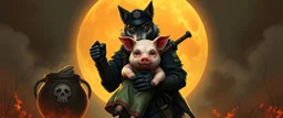 bad ninja police wolf carrying a lovely scared wtf are you up to, pig girl with dress under his arms, big cauldron in the background in the style of escher and fallout 4