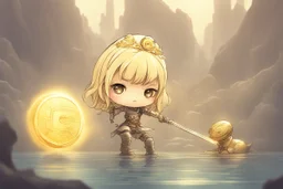 cute blonde chibi princess fighting with an ugly giant monster with a golden laser sabre, golden coin stacks, pond, in sunshine, H.R. Giger, anime, steampunk, surreal, watercolor and black in outlines, golden glitter, ethereal, cinematic postprocessing, bokeh, dof