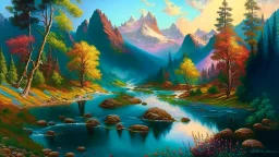 Serene landscape with river running trough mountains, a forest with a lot of vibrant colors, in the style of bob ross, thomas kadinskade and albert bierstadt. Peacefull and calming, intricate details, vibrant.