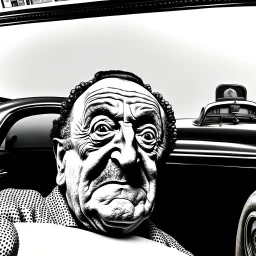 an angry Salvador Dali driving horse shaped surrealist car with eyes, , 4k, sharp edges ,Chiaroscuro, hyper realism, realistic, highly detailed, high contrast black and white, sharp