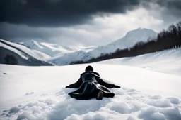 in the distance a figure in dark clothes and long black leather coat lies on his back in the snow and looks the sky in a winter landscape, alone, white snow, high contrast, cold, winter, mountains, white, blue, gray and black colors, cinematic, atmospheric, dark, gloomy, best shot