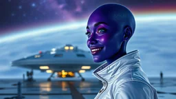 "Artistic photography (((FULL BODY from HEAD to FEET +profile))), enormous almond shape lighted crystal clear eyes, she is dressed in a white shiny jumpsuit she is a gorgeous smiling extra terrestrial woman with indigo purple blue skin with a high elongated skull like a magnum bottle, 40 y/o asian, she wears white snow boots, and she is outside on the flying saucers large landing deck of the space station in cosmos.