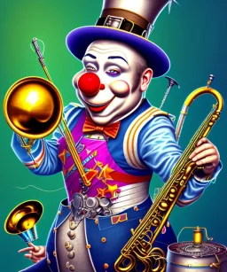 mechanoid happy old friendly fat clown with trimmed beard playing jazz with a steampunk theme, trumpet, realistic