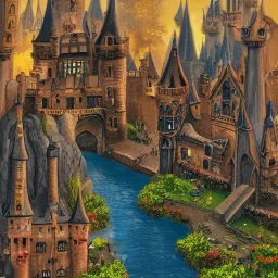 A magical canal city of wizards, witches and warlocks with a castle Nick Harris style