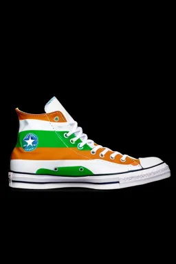 A converse sneaker with India's flag printed on the material, green, white and orange