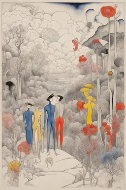 Schiță în creion de Jean Cocteau reprezentand o imagine pe tema natura statica cu oameni si flori , cu culori primare tari, fantezie de înaltă definiție calitate clară, stiluri de Utagawa Hiroshige, Paul Klee Dee Nickerson și Tim Burton, acuarelă topită și contururi de cerneală neagră pe hârtie umedă, linii moi, umbrite