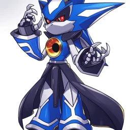 A sleek robotic warrior blending MegaMan Zero. The design features Zero's RED color scheme, with gold accents on shoulders, chest, and gauntlets, plus white highlights on the limbs. The aerodynamic body combines Neo Metal Sonic's sharp, angular edges with Zero's humanoid proportions. A glowing green plasma saber is held in one hand, while an energy cannon adorns the other. The helmet merges Zero’s crest and gem centerpiece with Neo Metal Sonic's spiked crown.