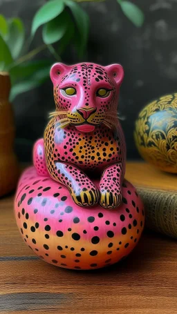 A pink magic elemental leopard designed in Matryoshka dolls painted by Caspar David Friedrich