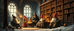 Dynsty family in winter glow, master oil painting by Rembrandt, magia spy gnomes soap opera poster, huge multi level archeive, library, woodland creatures, motion blur, background mist, light beam from windows