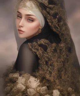 veil head Muslim Princess, hijab, Omani, black eyes, no top with roses, full body, black dress, 8k resolution