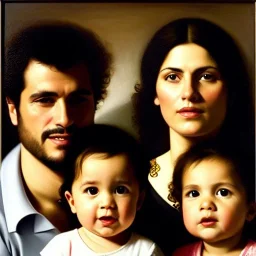 portrait of Jacobo Santiago Mozos born in 1976 and Gemma Arnau Arnau born in 1979,and daughters Eira Santiago Arnau and Dalia Santiago Arnau by Caravaggio,smiling, oil on canvas, cinematic composition, extreme detail,8k,fit full head inside picture,