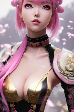 DetailedCute anime Kunoichi girl, pink hair buns, pink bangs, black latex bodysuit, intricate details, full body portrait, slight smile, black Japanese motif, windy, concept art, highly detailed, digital painting, artstation, concept art, sharp focus, illustration, art by WLOP and greg rutkowski and alphonse mucha and artgerm and yanjun Chen and Junji ito and Makoto Shinkai