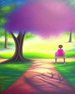 park mystical dream, park bench, man, woman, child, dog, trees, path, bird, sunshine, mystical, fantasy, romanticism, pastel colors, daylight, daytime, acrylic painting, detailed,