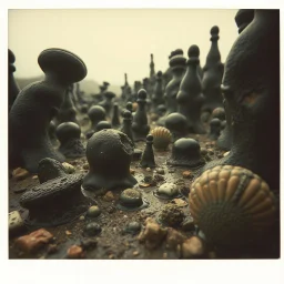 Photography polaroid close-up of a random landscape with odd Yves Tanguy incomprehensible forms, Surrealism, glossy, organic, strong texture, fiotti di liquido nero, panic, obsessive, hypnotic