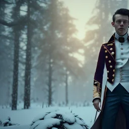 Full body, 3d render, asa butterfield, 1800's men style, 1800's men hair style, 1800's men clothes style, hyper realistic, octane render, unreal engine 5, 8k, palace background, uhd