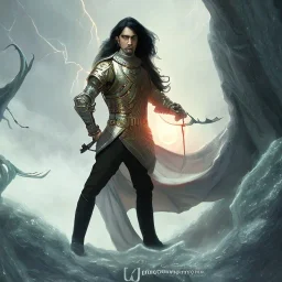 D&D character, male, long black hair in ponytail, dark tan skin, artificer, holding gun, light armor, chain armor, bust