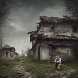 foto de costas de homem sentado longe, rua vila abandonada, chuva