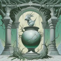 Grecian Urn with horrors of hunger and envy escaping, neo surrealism, by Gerald Scarfe, by Tomasz Setowski, smooth matte painting, dreamy quality,