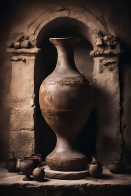 ânfora corrompida de vinho em um altar antigo, arte sombria