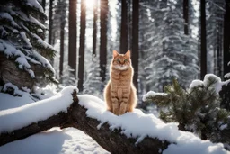 Cat in Wellensteyn coat, winter forest, pine trees, snowing, in sunshine