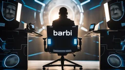 photo from a black producer chair siluette in a futuristic cybertech studio, around many monitors and circle windows to the sky, the inscription capture word text on the back of the chair "Barbi", Professional photography, bokeh, natural and blue-white lighting, perfect shot, sharp focus, professional photo