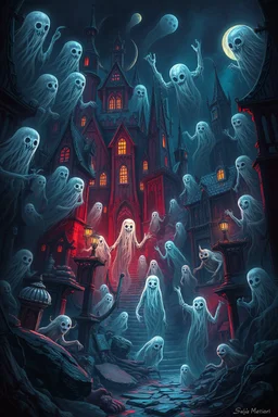 A captivating depiction in digital form, showcasing a plethora of ghost creatures thriving within a surreal and lively ghosts realm. This imaginative artwork embodies the essence of supernatural fiction, presenting a medium shot composition with fantastical beings that are unique, belonging to a world beyond our own. A an old city of ghosts out of this world enhanced by dark atmospheric lighting, Busch painting style nightmare. Thin line draw style