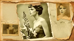 old album, old photograph, torn edges, beautiful woman, irises, torn newspaper, double exposure,