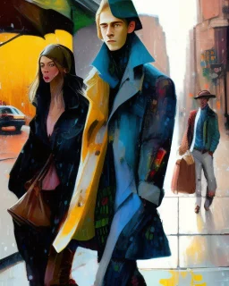 whimsical arafed nonsense, patchwork vibe, a young woman and a young man in obviously close relation are walking down a rainy whimsical downtown street in slow pace, (((exaggerated body parts))), (((oversize head))), sharp color contrasts, amazing shadows, (((exaggerated limbs and head))), minimal cozy, warm palette, bright bold warm summer green yellow orange black colors, color leak, heavily distorted views, amazing parallels