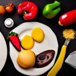 Plate full of fake food with old stuff around in a dark room